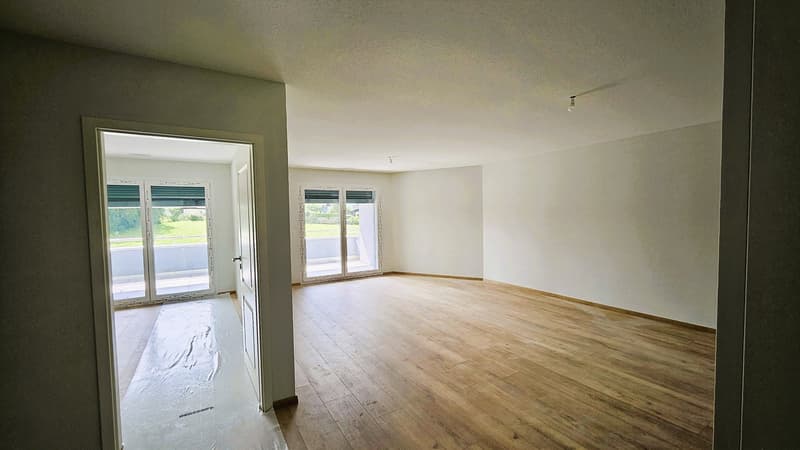 Empty room, wooden floor, large glass doors to balcony, white walls