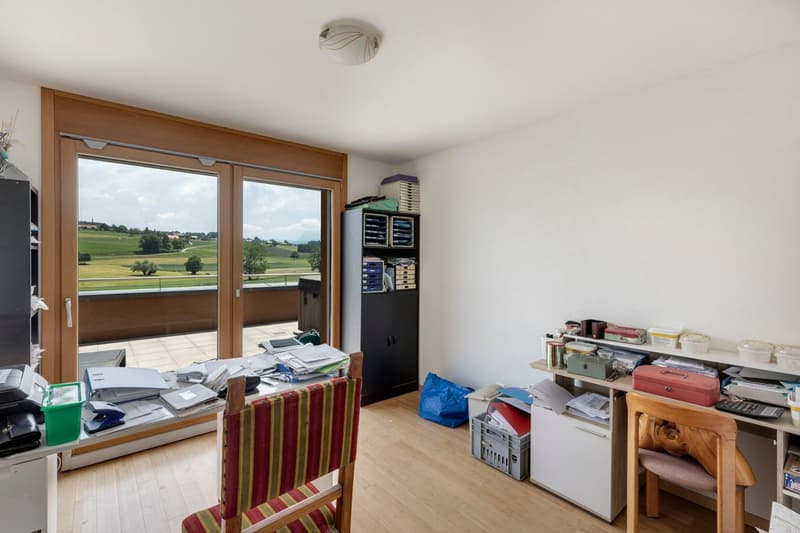 wood floor, glass door to terrace, shelves, desk, chair, various storage boxes and baskets