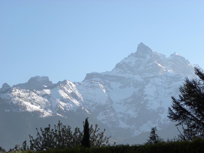 Snow-covered mountain range with a clear blue sky in the background