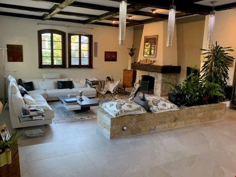 Spacious living room with large windows, exposed wooden beams, a fireplace, comfortable sofas, and decorative plants.