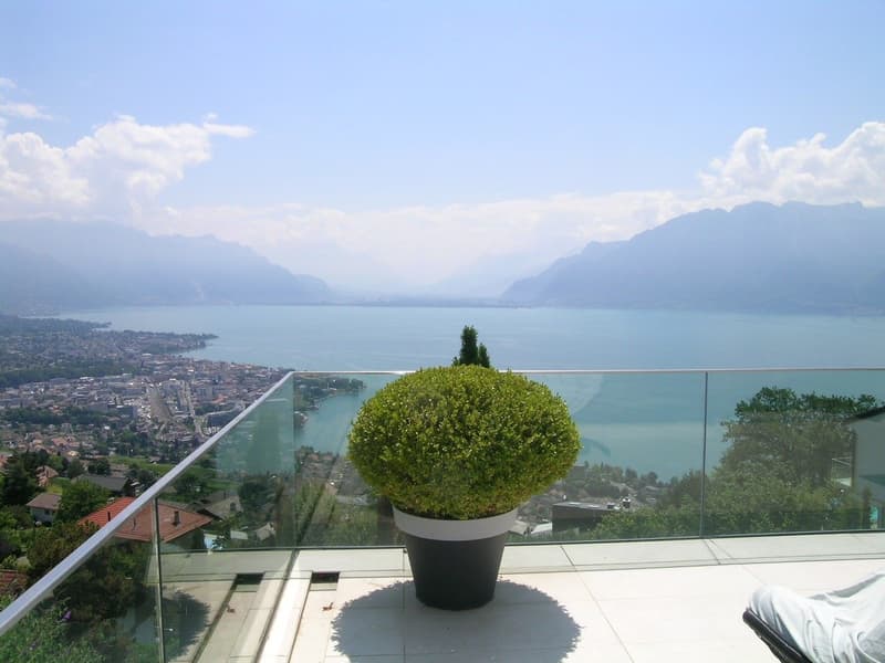 The image shows a balcony or terrace with a panoramic view of a lake surrounded by mountains. There is a potted plant in the foreground, and the terrace has a glass railing that allows for an unobstructed view of the scenic landscape.