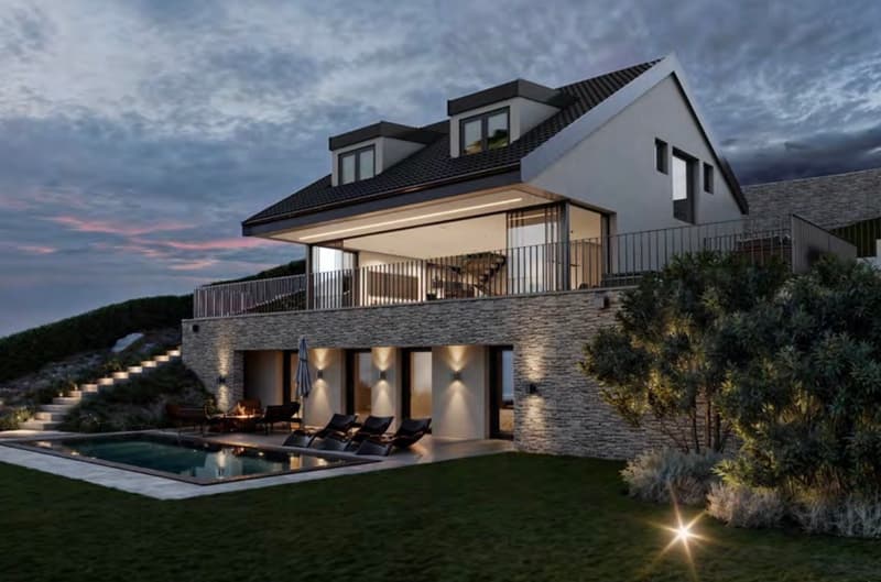 modern house with balcony, swimming pool, garden, steps, terrace
