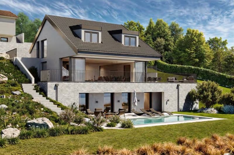 Modern house, raised ground, swimming pool, balcony, green surroundings