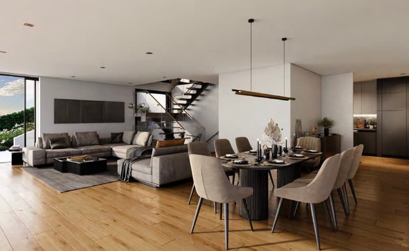 modern living room with wooden floor, large windows, dining table, couch, staircase