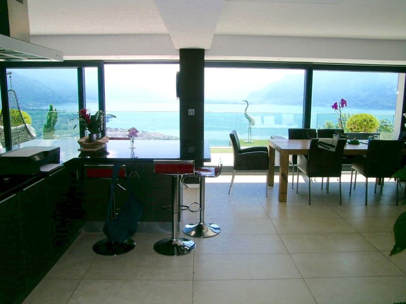 Open kitchen with dining area, large windows, view of the sea, modern furniture, plants, and flowers