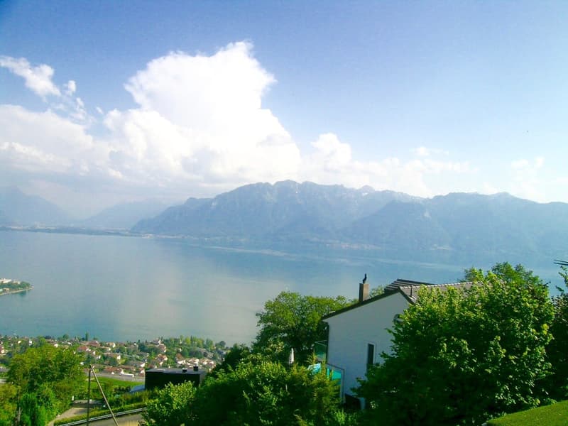 House with balcony, swimming pool, view of mountains and lake