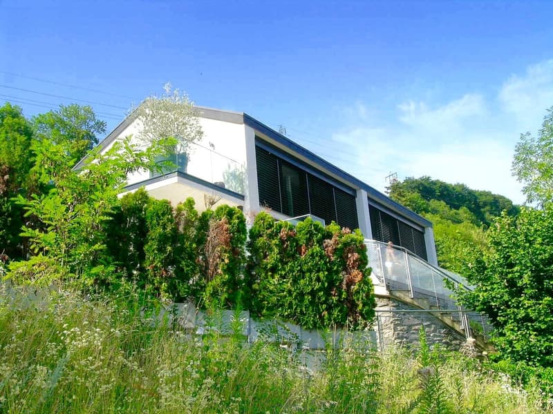 modern house, white exterior, glass balcony, surrounded by greenery