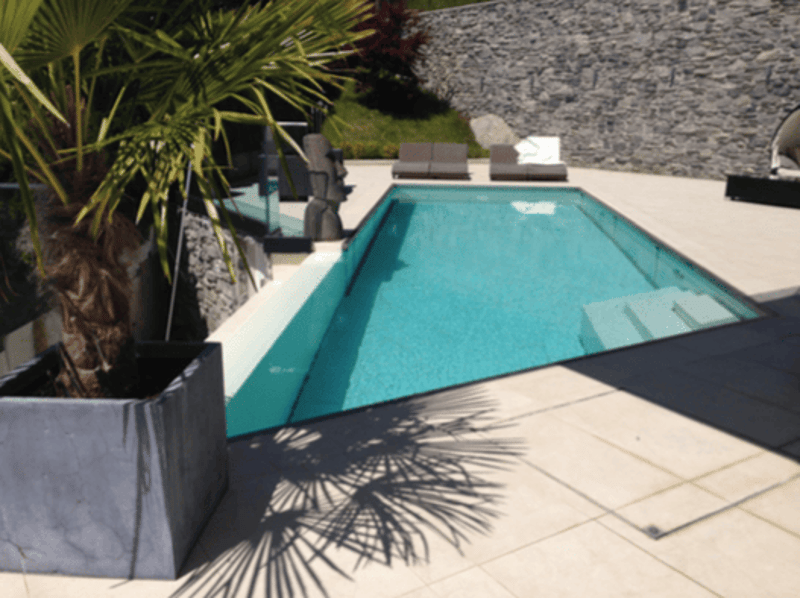 Outdoor swimming pool, stone wall, lounge chairs, palm tree, tiled floor