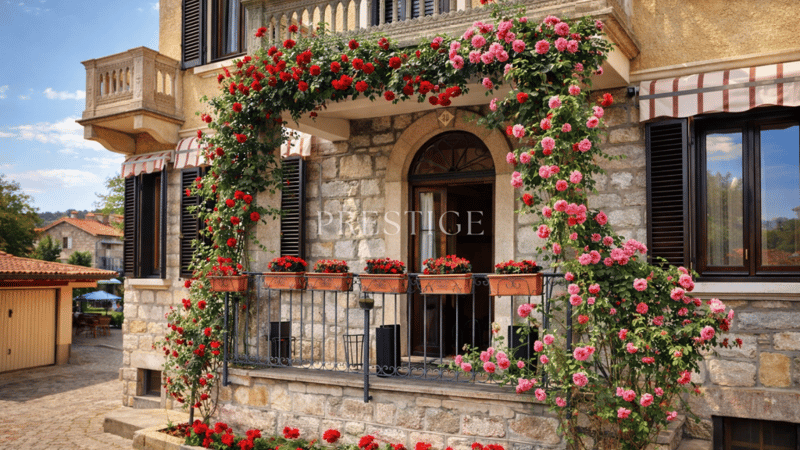stone building, arch entryway, red roses on balcony, wooden awnings