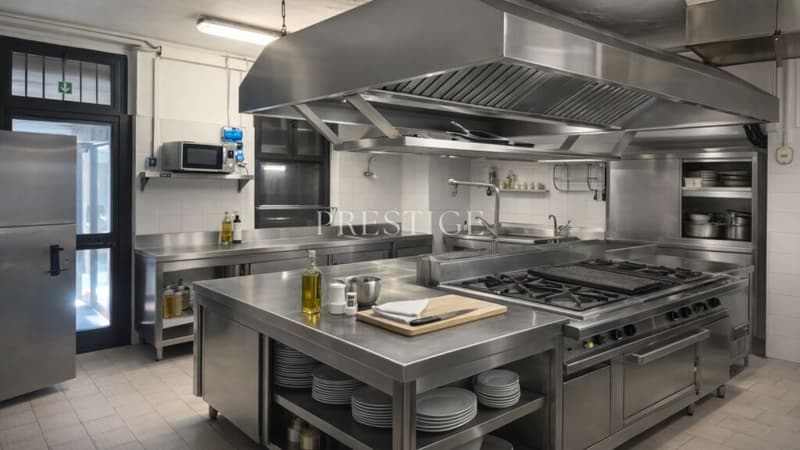 modern kitchen with all appliances including microwave, refrigerator, oven, stove and sink, countertops, open shelves, and storage