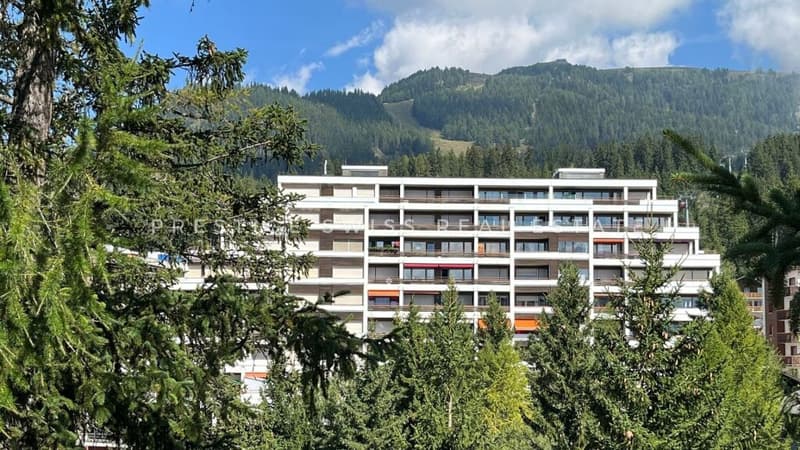 A three-story apartment building in the middle of the forest with a mountain view