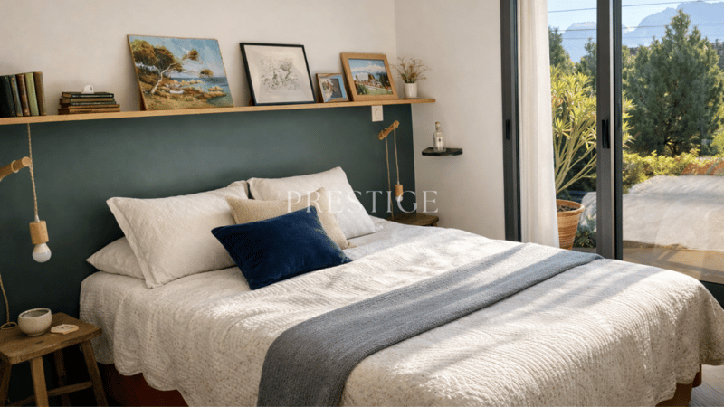 double bed, bedding, shelves, artwork, sliding glass doors, outdoor terrace, garden view