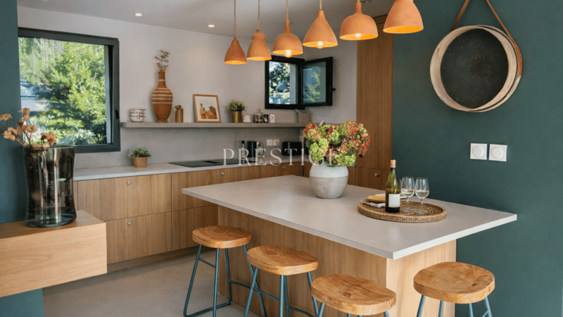 Modern kitchen with a large kitchen island, wooden cabinets, large windows, decorative items