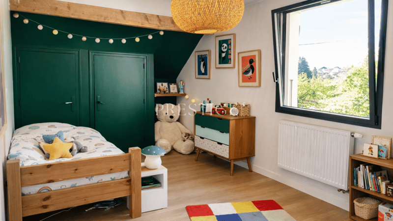 children's bedroom, wooden bed, wardrobe, wooden dresser, plush bear, lamps, books, rug, green walls