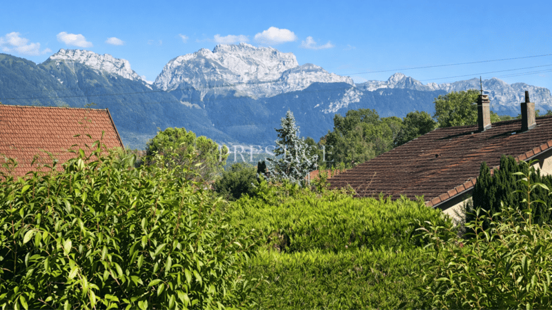 Garden with greenery, distant mountains, houses