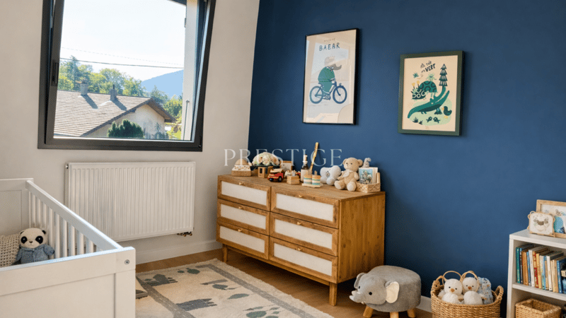 Crib, drawers, wall paintings, toys, rug, basket, books, radiator