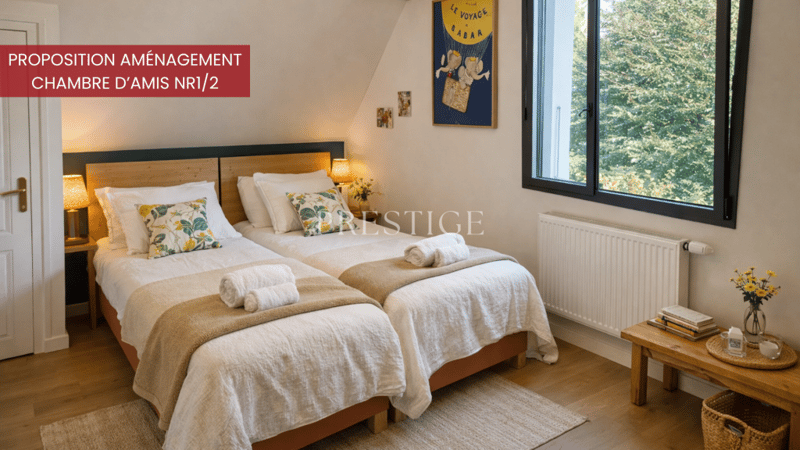 Two single beds, pillows, blankets, bedside tables, lamps, wall painting, radiator, wooden floor, glass window, tree view