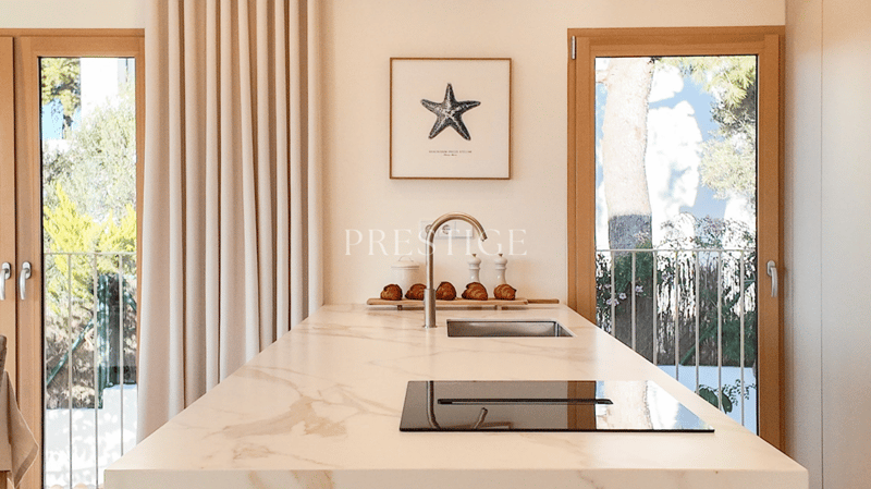 kitchen island with marble countertop, sink, faucet, picture frame, windows, balcony