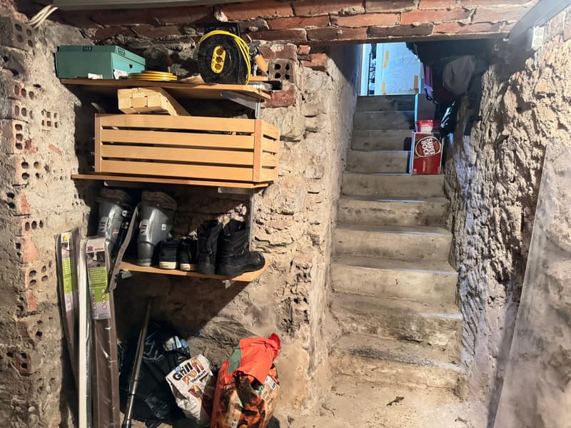 storage room with shelves, various items including shoes, bags, storage boxes, extension cord, and other items, concrete stairs