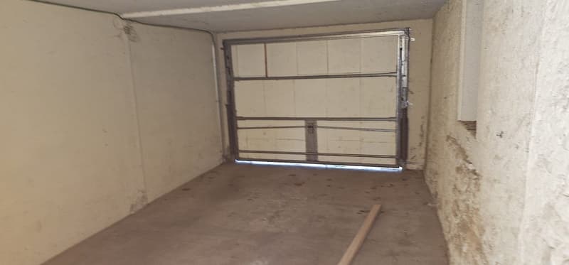 empty garage with closed door, walls and floor dirty