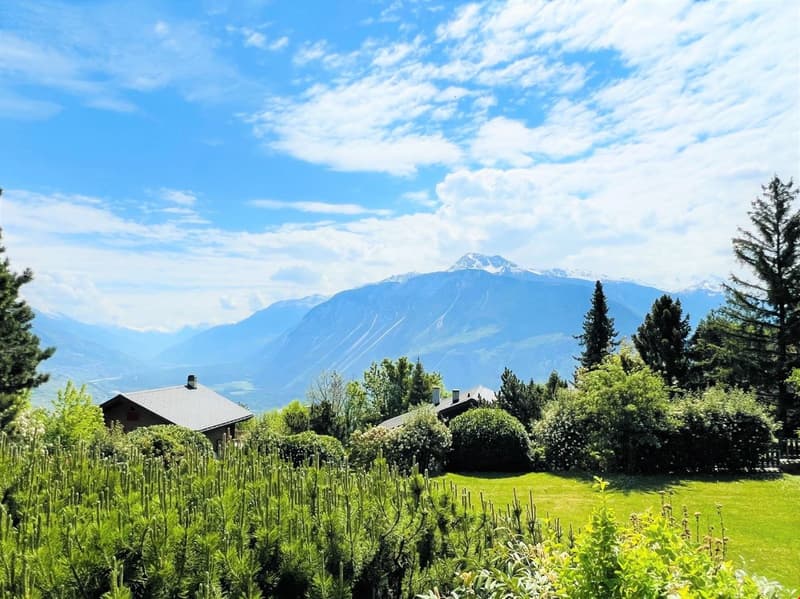 The image shows a scenic mountain landscape with a blue sky, white clouds, and snow-capped peaks in the distance. In the foreground, there are several houses surrounded by lush greenery, including trees, bushes, and a grassy lawn. The overall scene convey