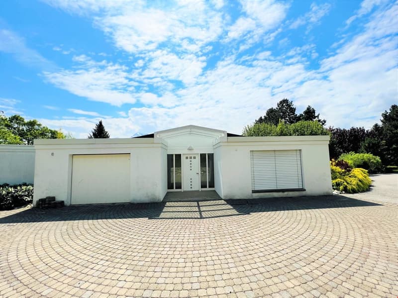 Single-story modern house with a white exterior, a garage door, and a paved driveway. The house is surrounded by landscaped gardens and trees, with a blue sky and clouds visible overhead.