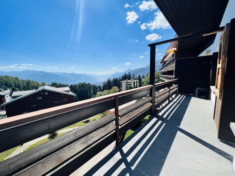 Wooden balcony with a view of the mountains and forests in the distance. The balcony has a black railing and is part of a larger building or resort structure.