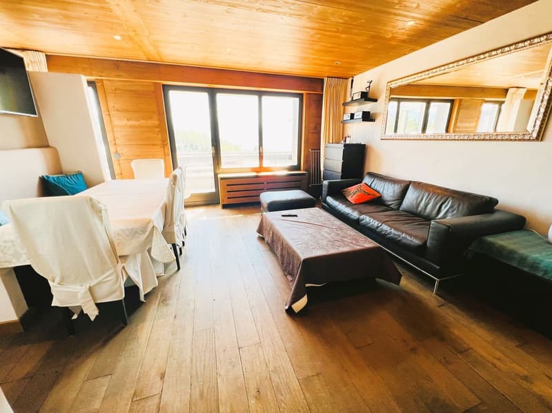 Spacious living room with wooden walls and ceiling, large windows, leather sofa, coffee table, and a balcony or terrace visible.