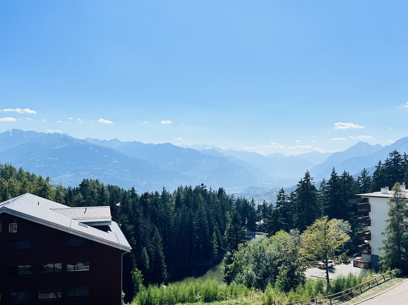 The image shows a scenic mountain landscape with a forested valley and distant snow-capped peaks. There are several buildings, likely residential or commercial, nestled among the trees. The sky is clear and blue, with some wispy clouds. Overall, the scene