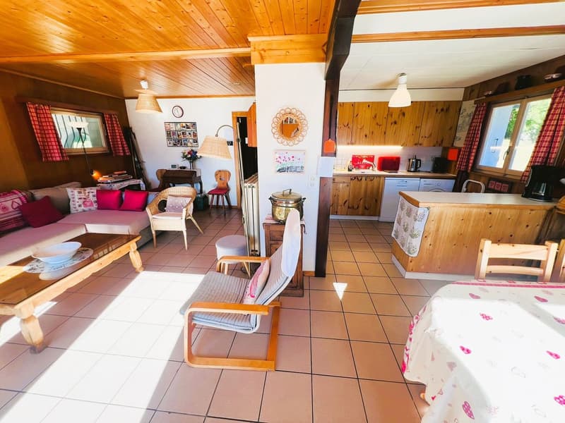Living room with wooden ceiling, sofa, table, wooden chairs, lamp, kitchen with wooden cabinets, washing machine, counter with table, and dining table with chair
