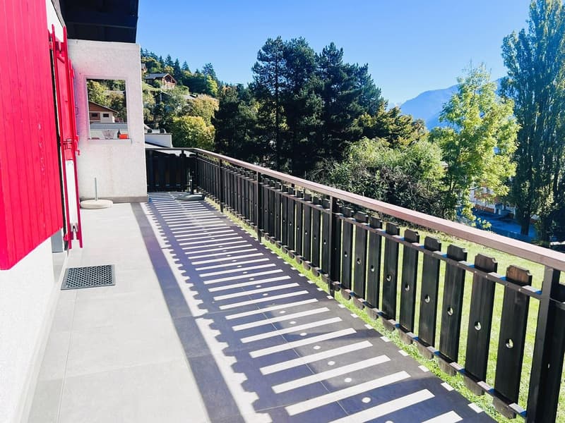 tiled floor, black railing, red wall, shadow, green grass, trees, mountains