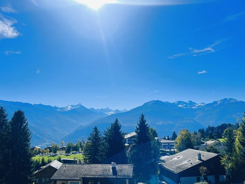 Mountains, houses, trees, green field