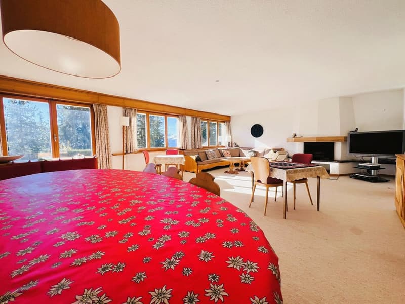 red table with 12 chairs, couches, television, large windows, wooden flooring, ceiling lamp