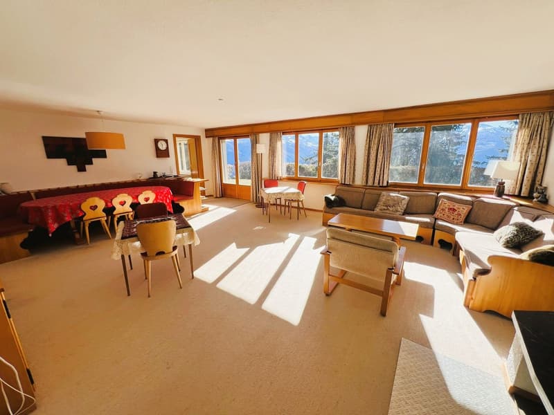 large living room with dining area, wooden furniture, large windows, carpets, picture frame on the wall