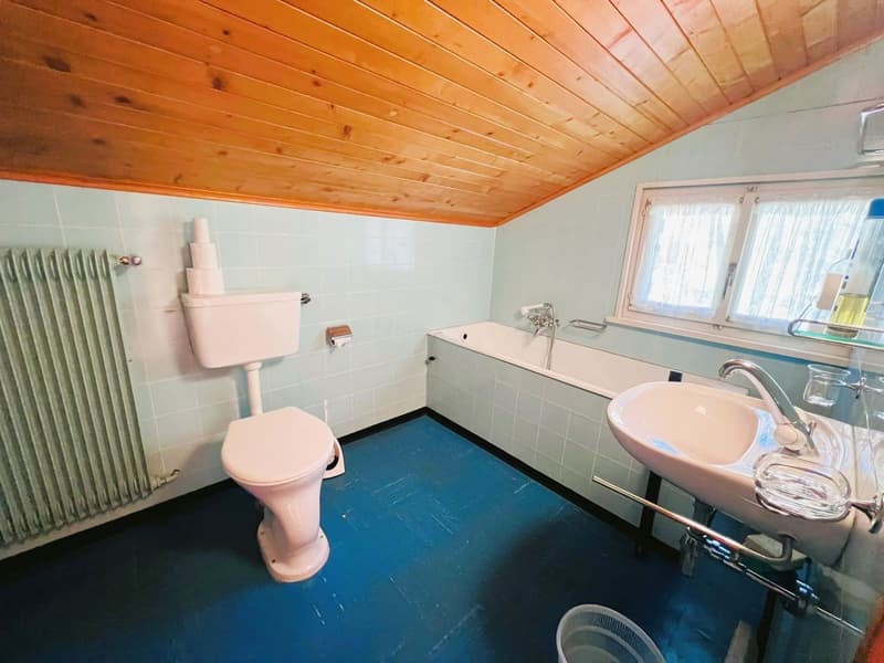 Bathroom with toilet, sink, bathtub, wooden ceiling, blue floor, white walls, window, radiator