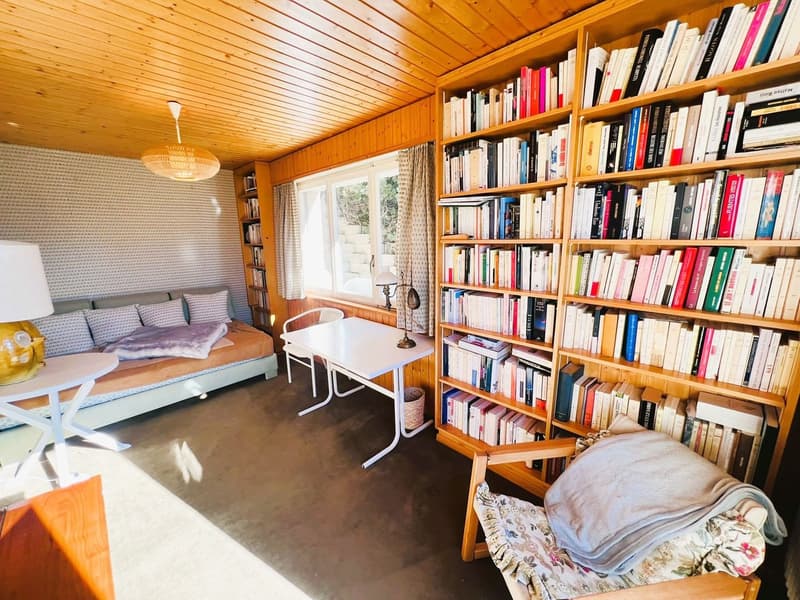 Interior of a room with a couch, desk, wooden bookshelves, and a chair with a blanket