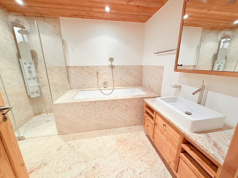 Marble walls and floor, separate bathtub, large mirror, under-counter sink, shower with shower head and faucet