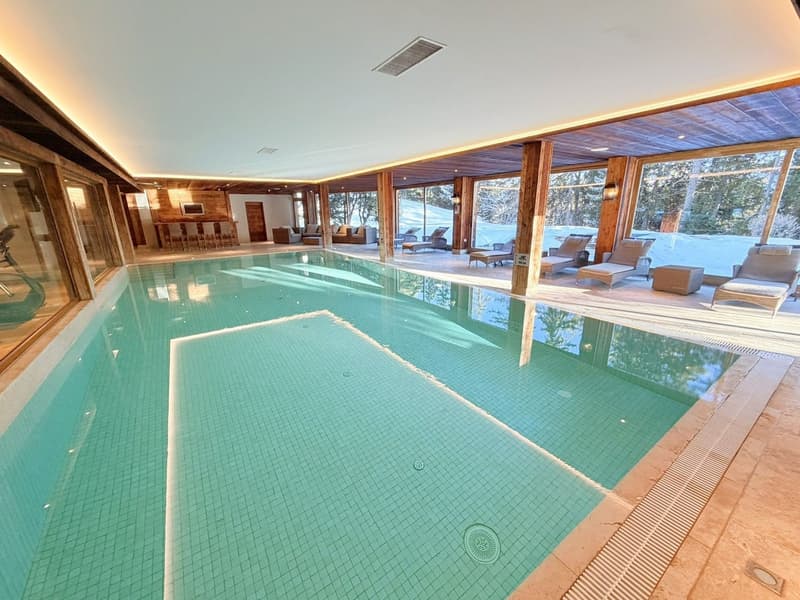 Indoor swimming pool, lounge chairs, wooden pillars, large windows, tiled flooring, snow-covered ground visible outside