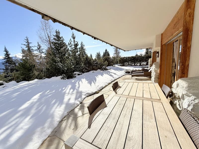 Wooden terrace with dining table, winter landscape with snow, trees, mountains, clear sky