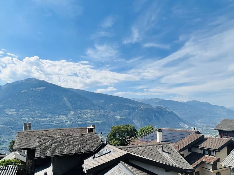 Houses with mountain view, solar panels on roofs, slate roofs, chimneys