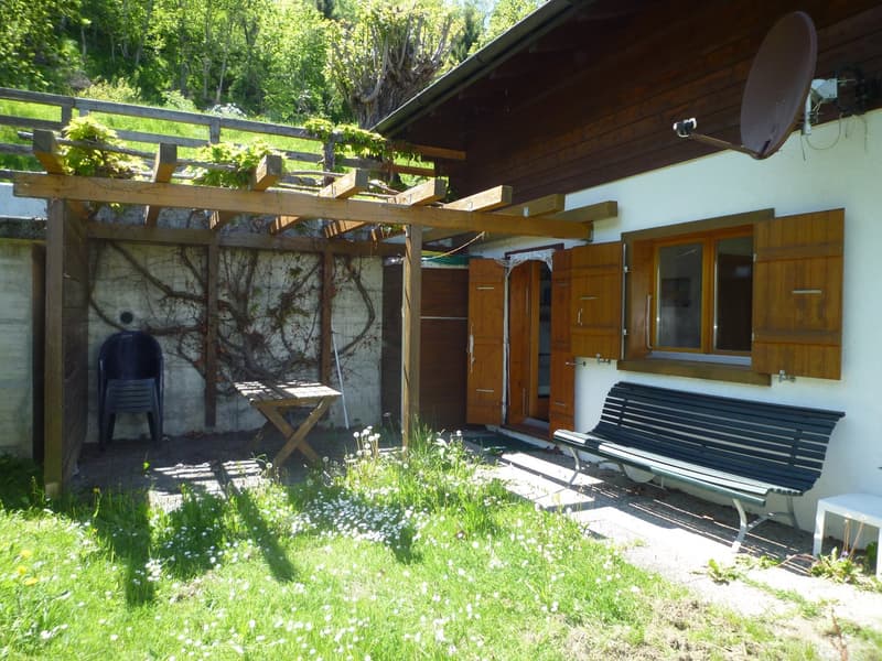 Wooden cabin with a covered patio area, surrounded by lush greenery and trees. There is a bench and a small table on the patio. The cabin has wooden walls and a satellite dish on the roof.