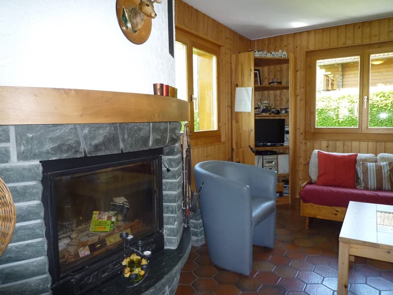 Cozy living room with a stone fireplace, wooden walls and floors, a gray armchair, and a red sofa. There is also a mounted deer head on the wall and some shelves with decorative items.