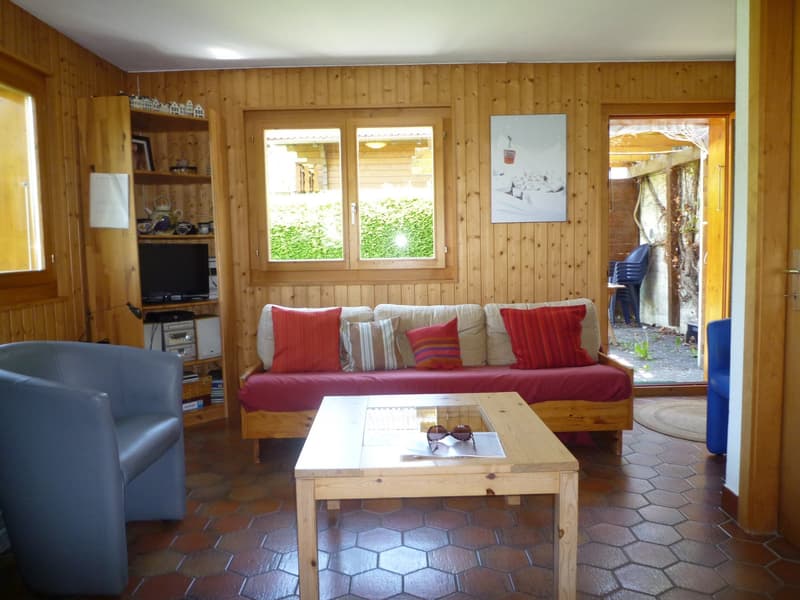 Cozy living room with wooden walls and floors, a red sofa, a wooden coffee table, and a fireplace. There are shelves on the wall and a window overlooking the outdoor area.
