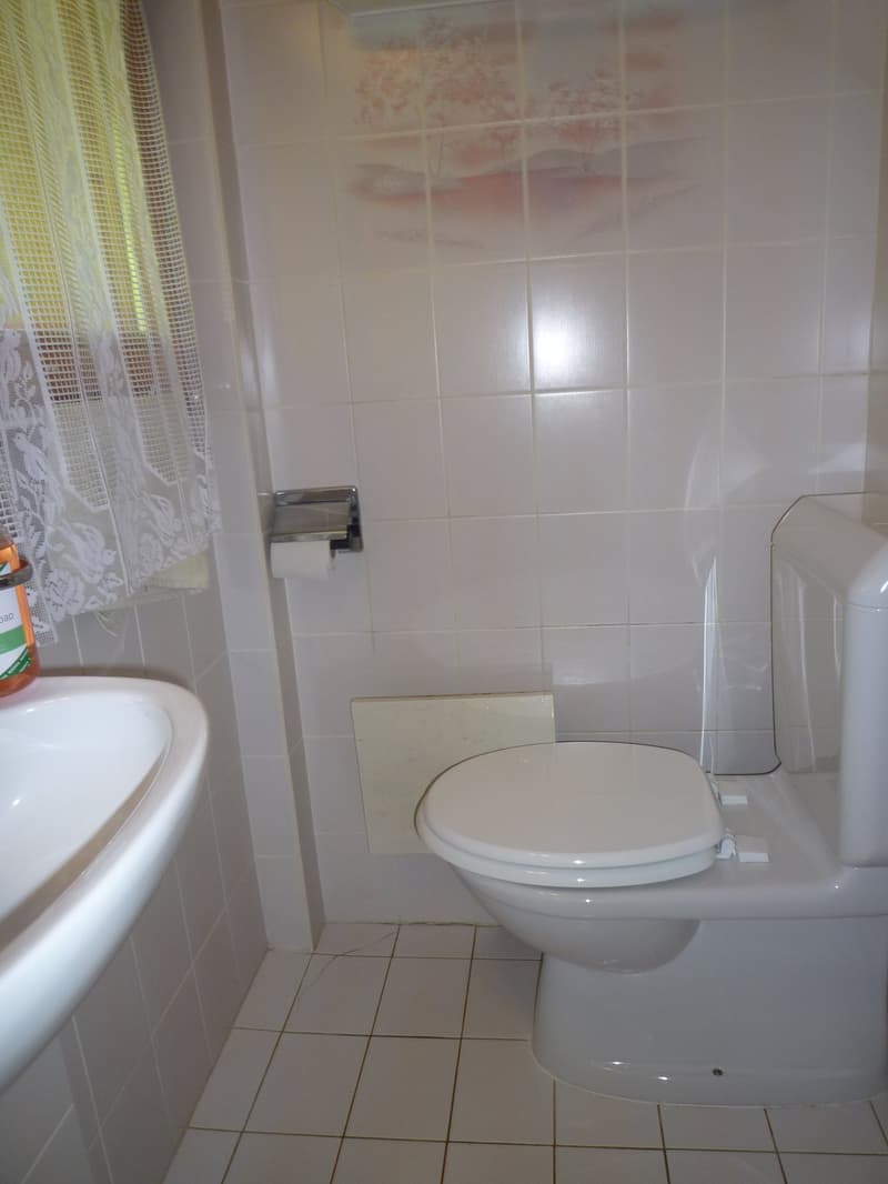The image shows a bathroom with white tiles on the walls and floor. There is a toilet, a bathtub, and a towel rack visible.