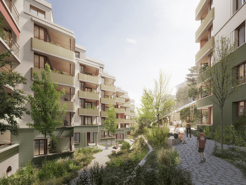 Several multi-story residential buildings with balconies, a park with people and children.