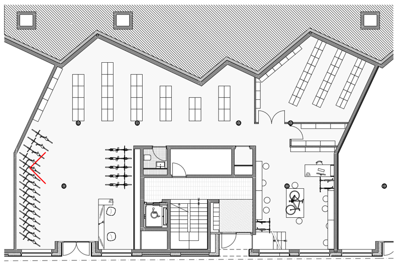large hall, storage room, WC, hall, kitchen, living area, bedroom, balcony, bike storage