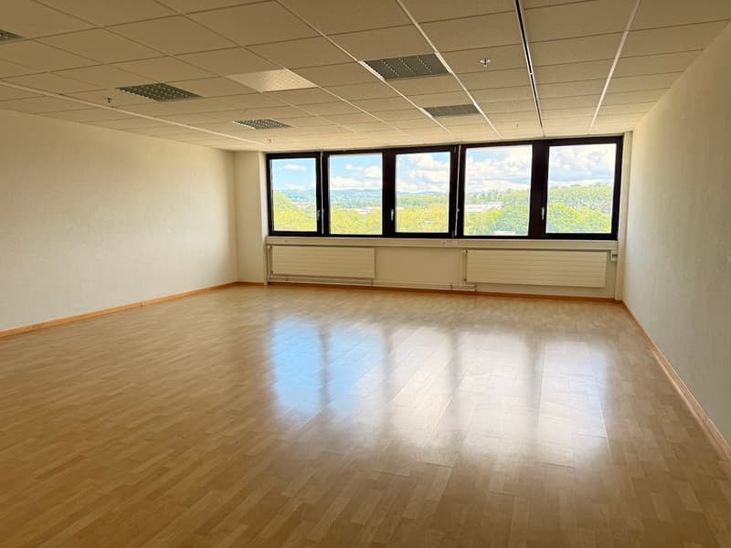 Large open office space with hardwood floors, suspended ceiling tiles, and large windows providing a scenic view of the surrounding landscape.