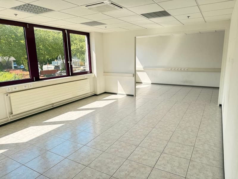 The image shows a large, open office space with tile flooring, large windows overlooking greenery outside, and a suspended ceiling with lighting fixtures. The room appears to be empty and ready for use.