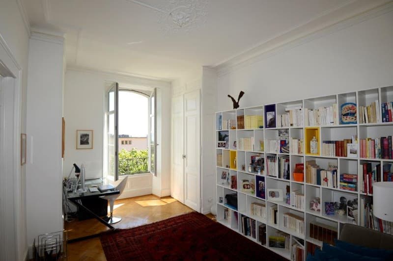 desk, cabinet, chair, carpet, bookcase, windows, balcony