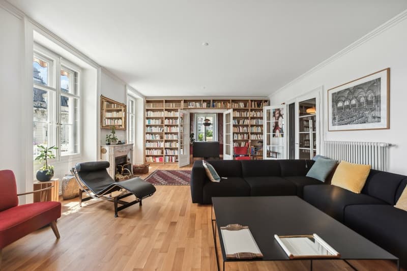 Séjour avec bibliothèque / Living room with library
